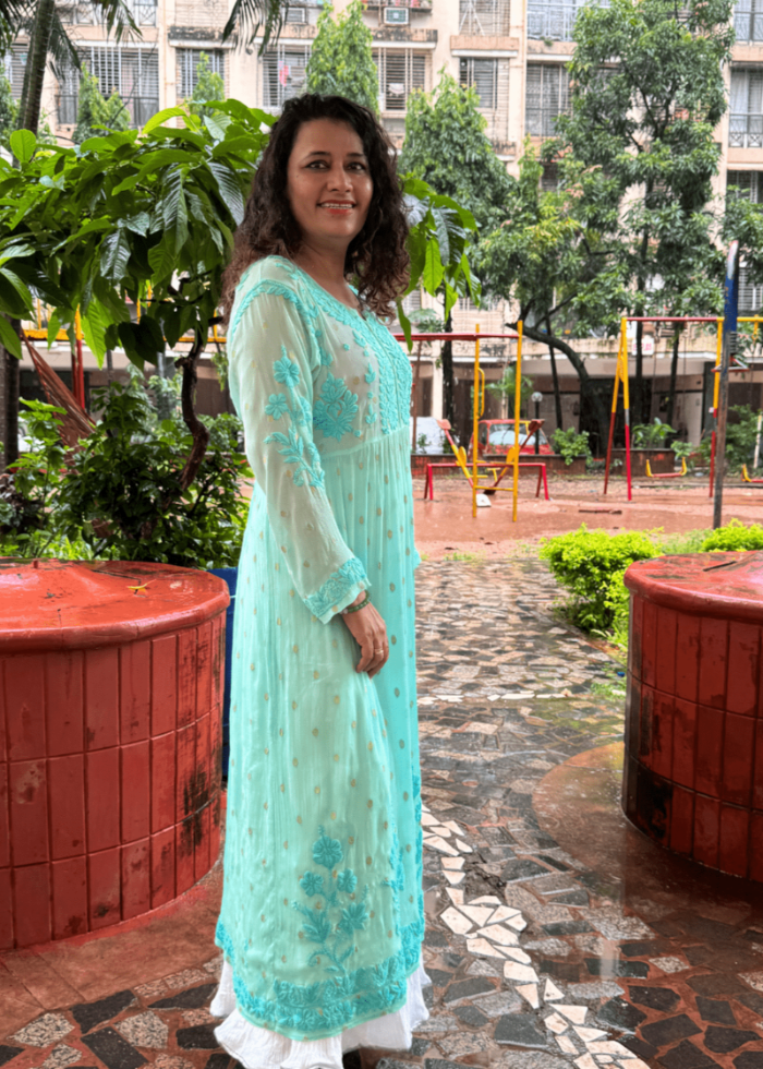 GREEN CHIFFON CHIKANKARI KURTA