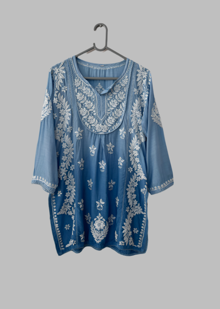 BLUE MUSLIN CHIKANKARI TOP