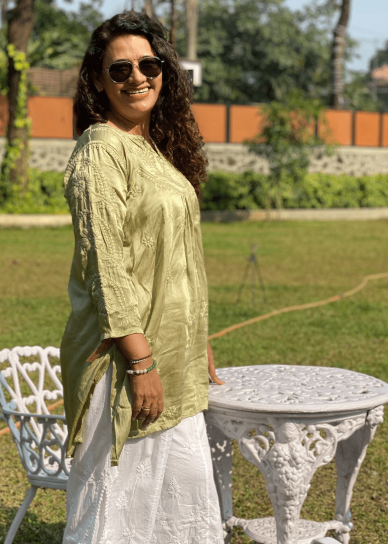 Chikankari Sateen Short Kurta - Green