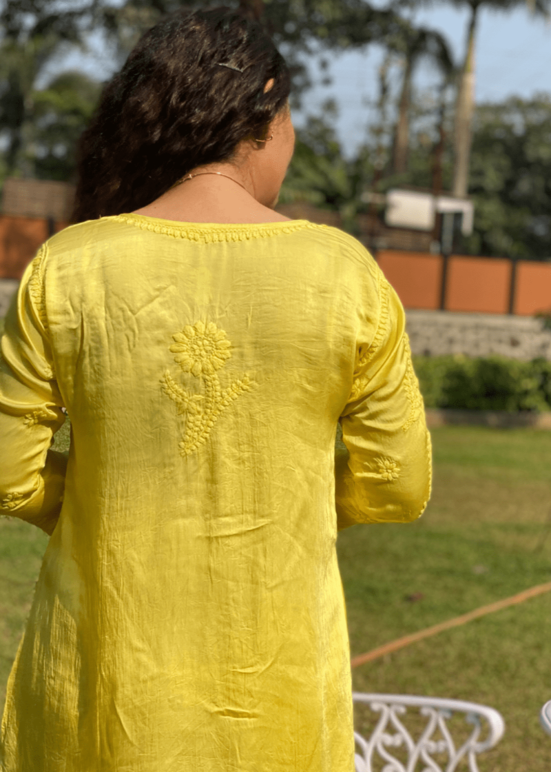 Chikankari Sateen Short Kurta - Yellow