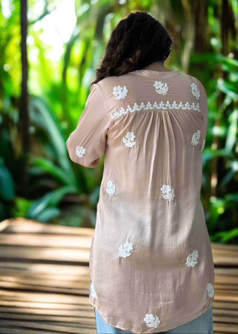 Chikankari Sateen Collar Kurta - Light Brown