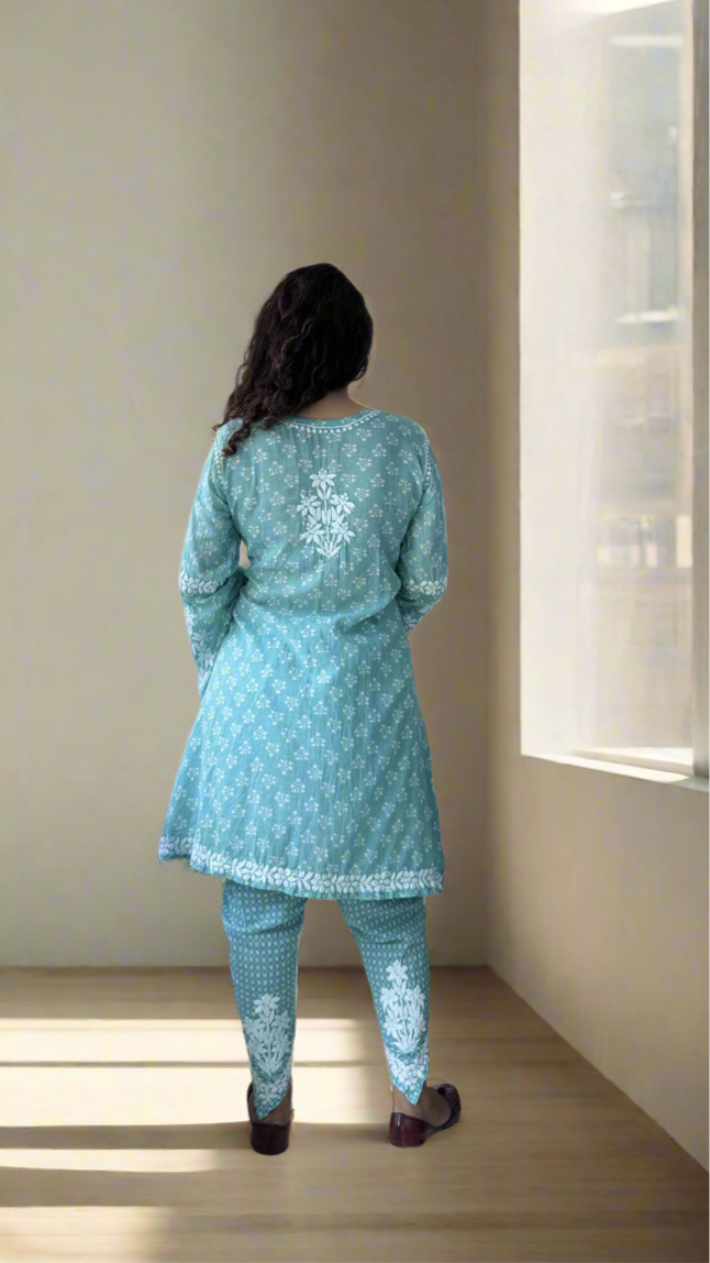 Chikankari Mul Dhoti Dress - Green