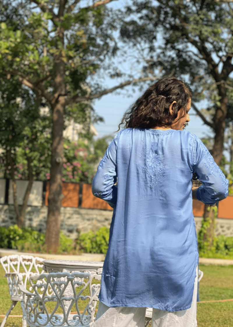 Chikankari Sateen Short Top - Blue