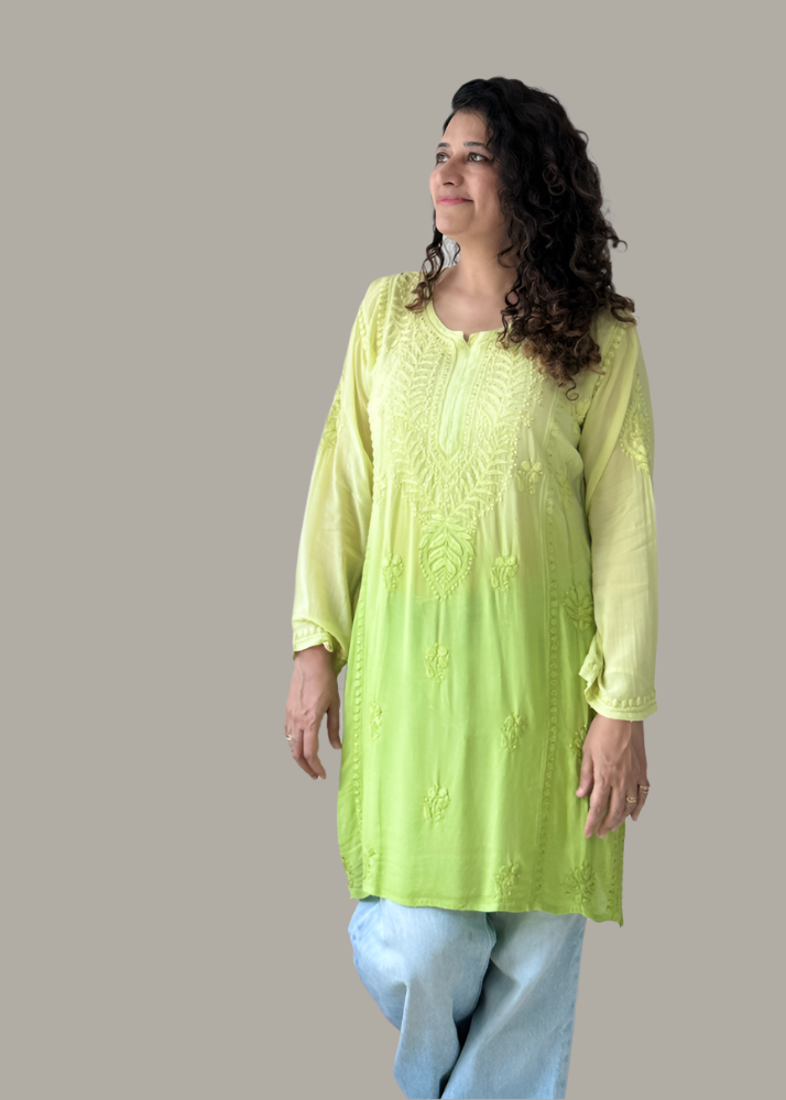 GREEN MUKAISH GEORGETTE CHIKANKARI KURTA