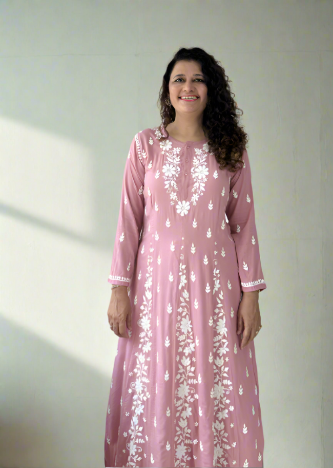PINK ANARKALI CHIKAN KURTA