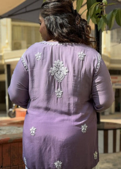 Chikankari Muslin Short Kurta - Purple