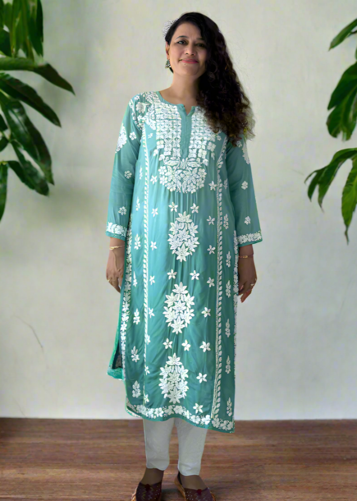 Chikankari Muslin Long Kurta - Green