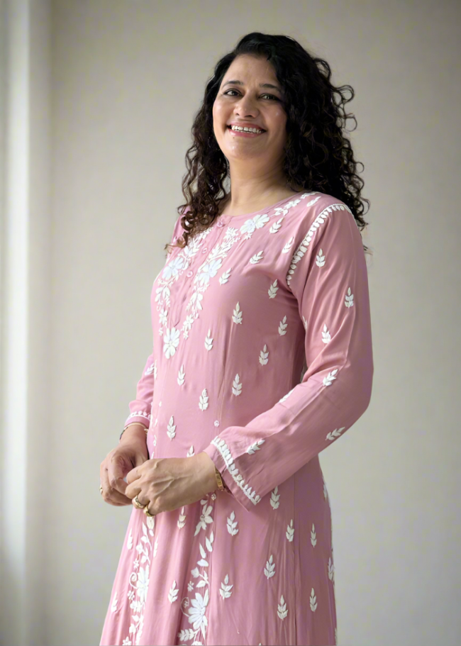PINK ANARKALI CHIKAN KURTA