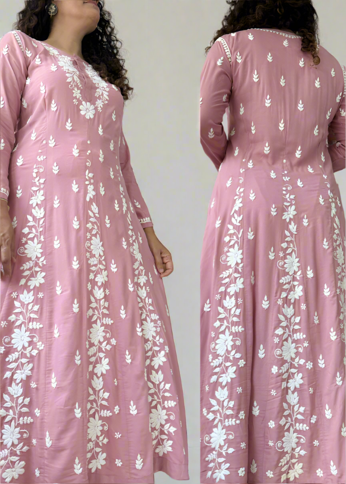 PINK ANARKALI CHIKAN KURTA