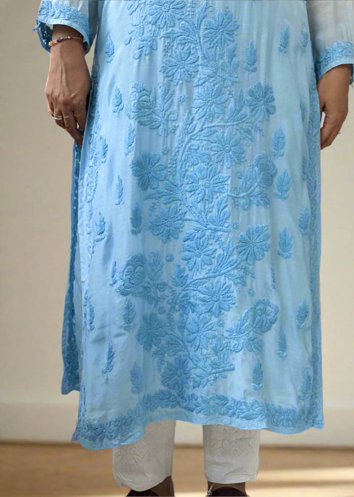 BLUE OMBRE CHIKANKARI MUSLIN KURTA