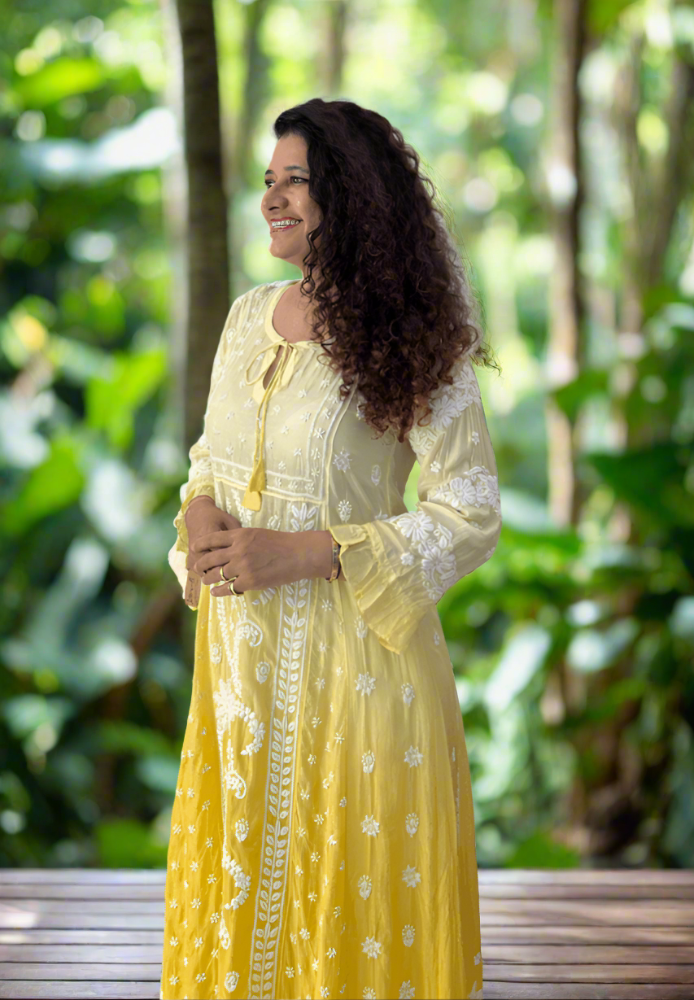 Chikankari Ombre' Muslin Dress - Yellow