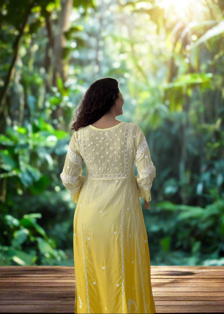 Chikankari Ombre' Muslin Dress - Yellow
