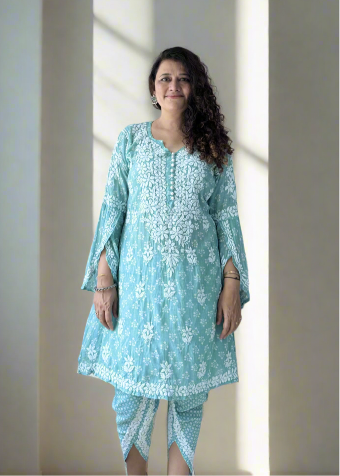 Chikankari Mul Dhoti Dress - Green