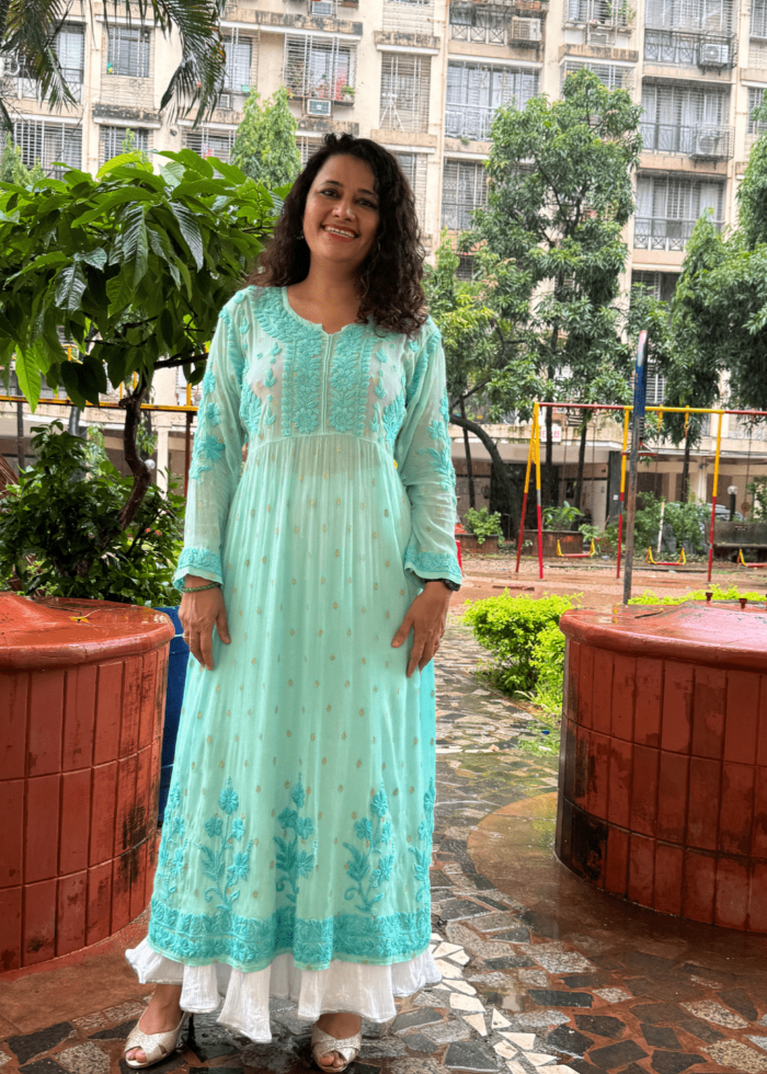 GREEN CHIFFON CHIKANKARI KURTA