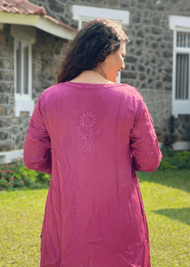 Chikankari Sateen Short Kurta - Magenta
