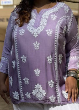 Chikankari Muslin Short Kurta - Purple