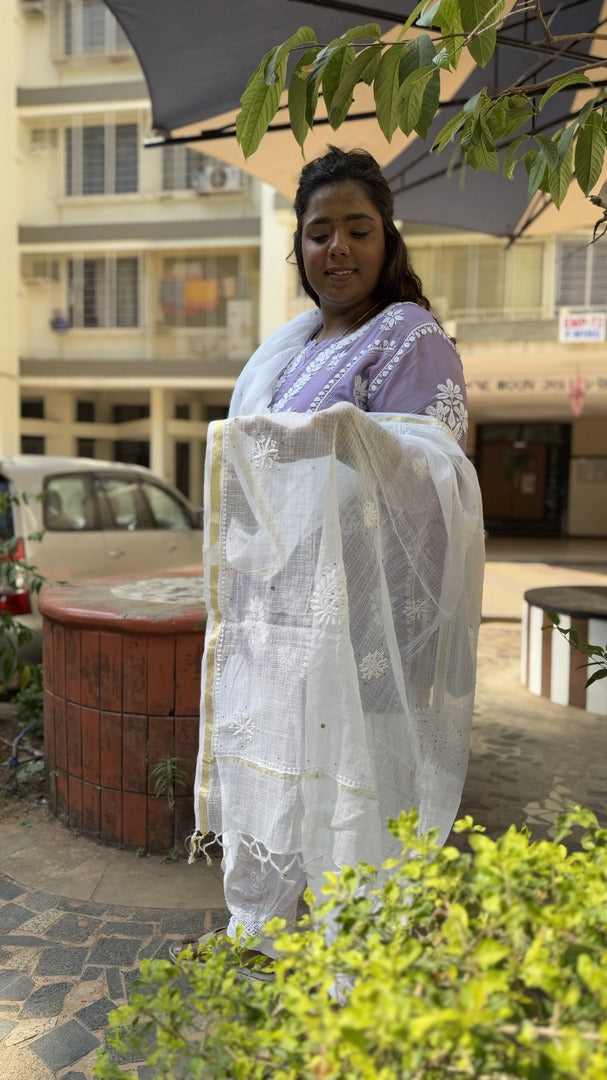 Chikankari Kota Duppatta - White