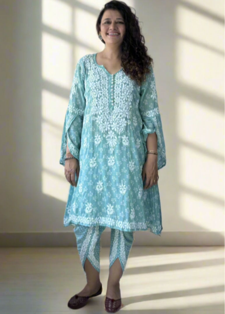 Chikankari Mul Dhoti Dress - Green