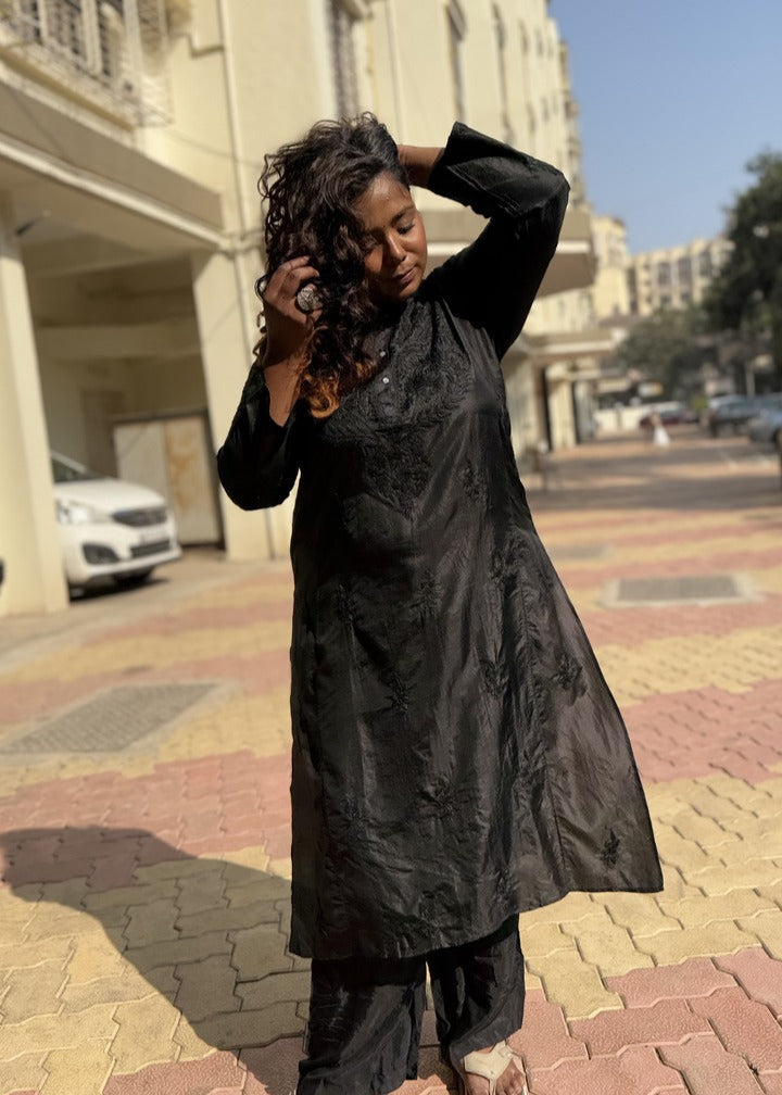 Pure Silk Lucknowi Kurta - Black