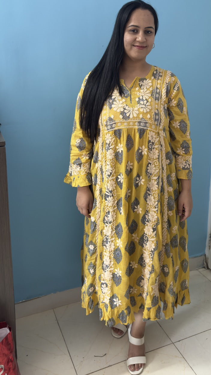 Chikankari Printed Dress - Yellow