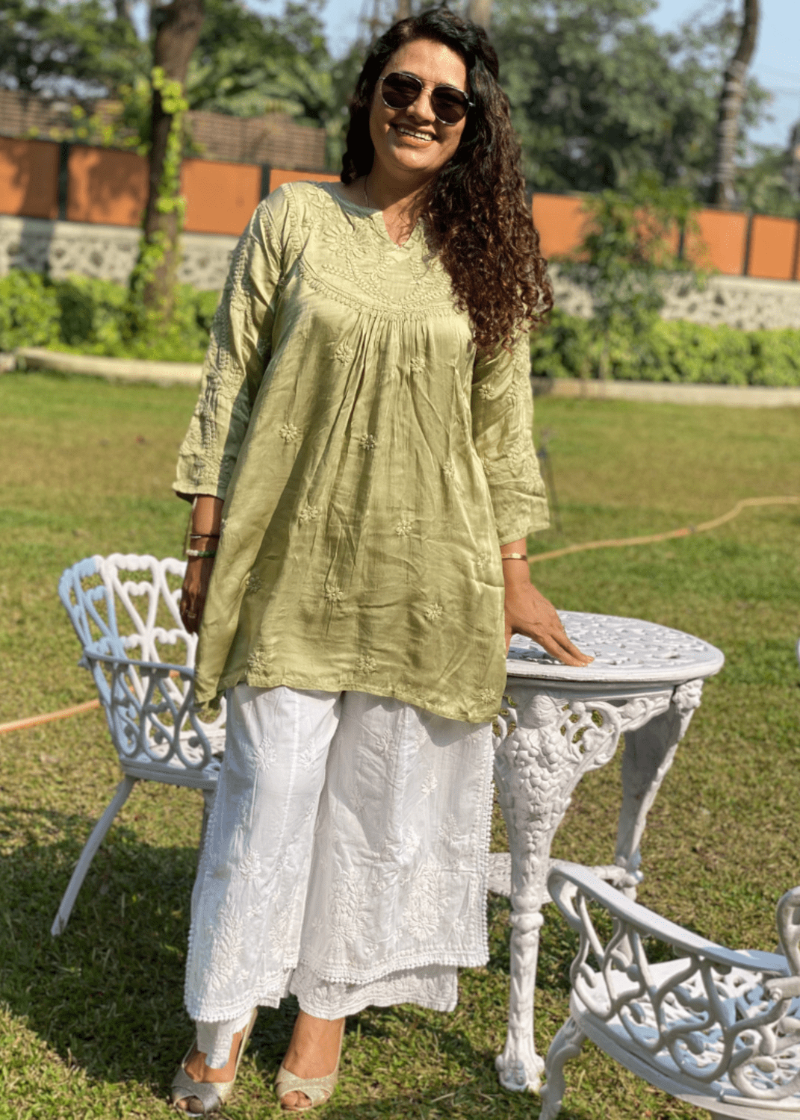 Chikankari Sateen Short Kurta - Green