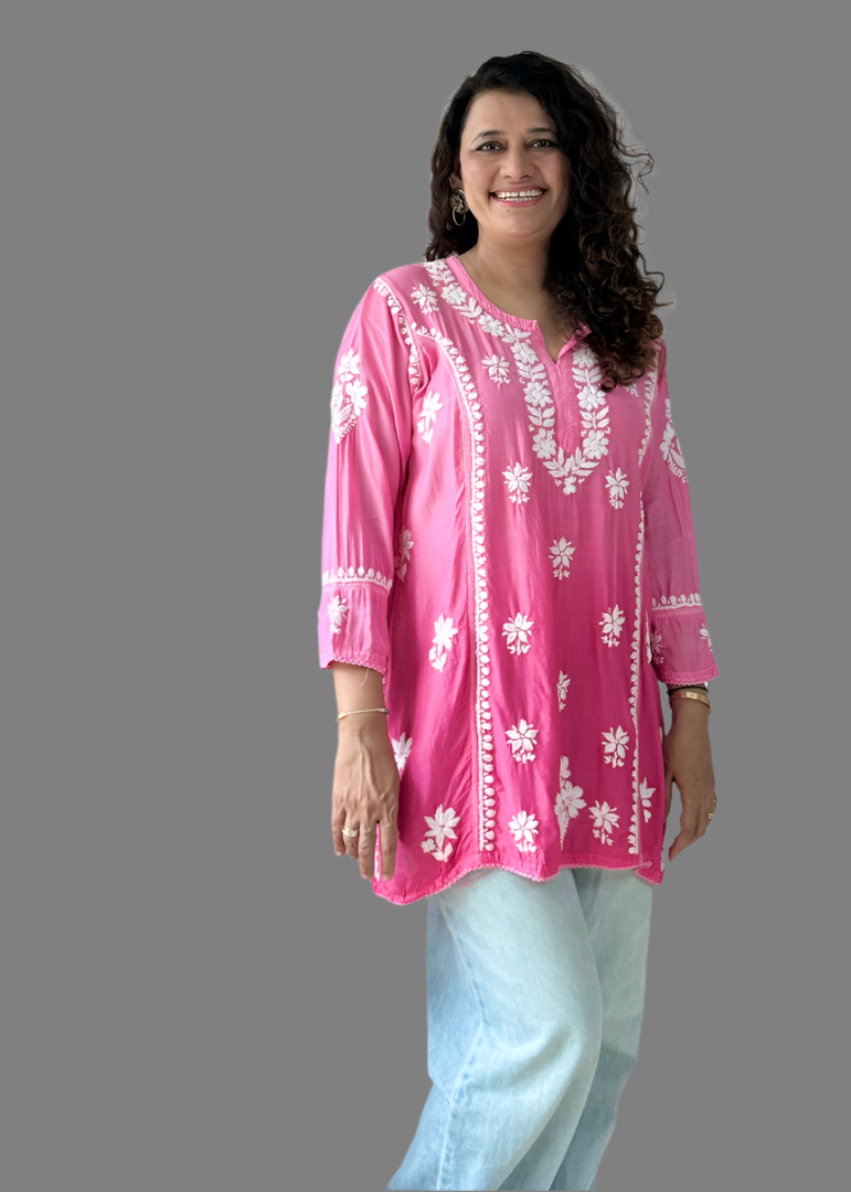 PINK CHIKAN MUSLIN SHORT TOP