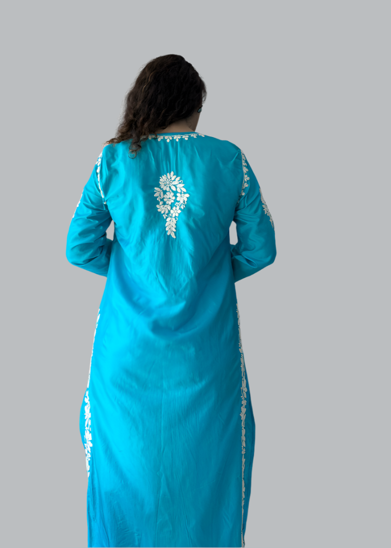 BLUE PURE SILK CHIKANKARI KURTA