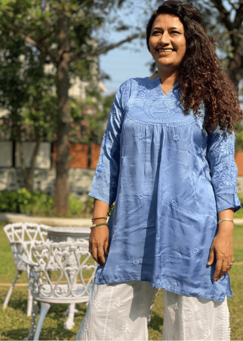 Chikankari Sateen Short Top - Blue