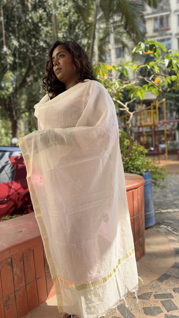 CHIKANKARI CHANDERI SILK DUPPATTA