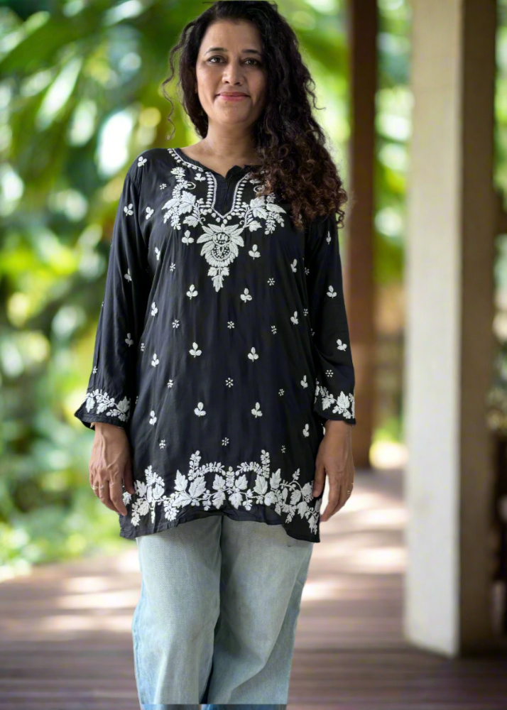 BLACK CHIKANKARI MODAL SHORT TOP