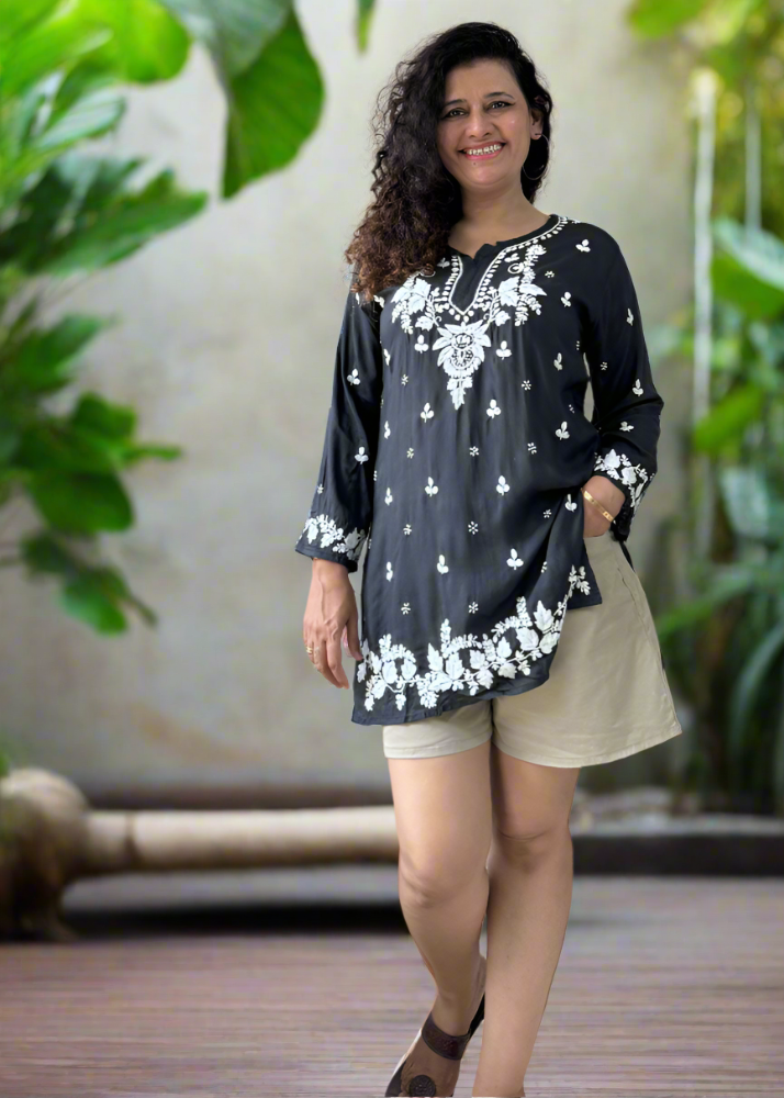 BLACK CHIKANKARI MODAL SHORT TOP