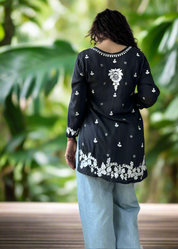 BLACK CHIKANKARI MODAL SHORT TOP