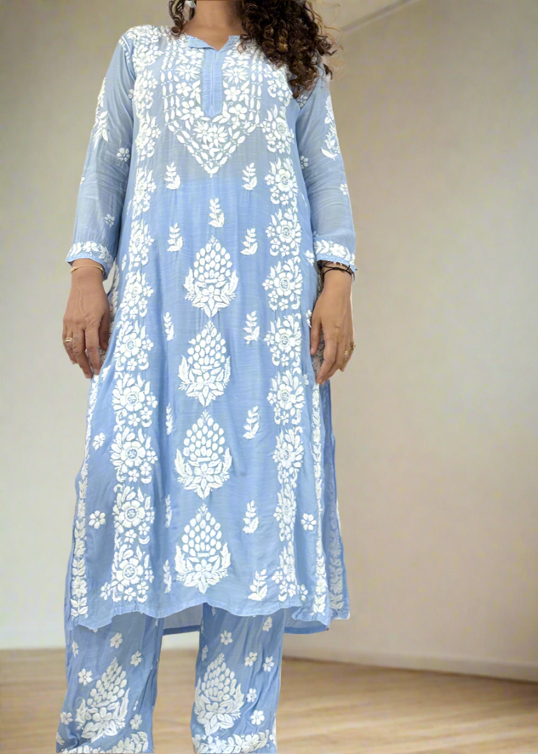 SOFT BLUE CHIKANKARI PALAZZO SET - COMFORTABLE FESTIVE WEAR