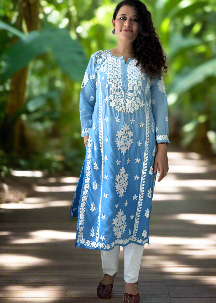 Chikankari Muslin Long Kurta -Blue
