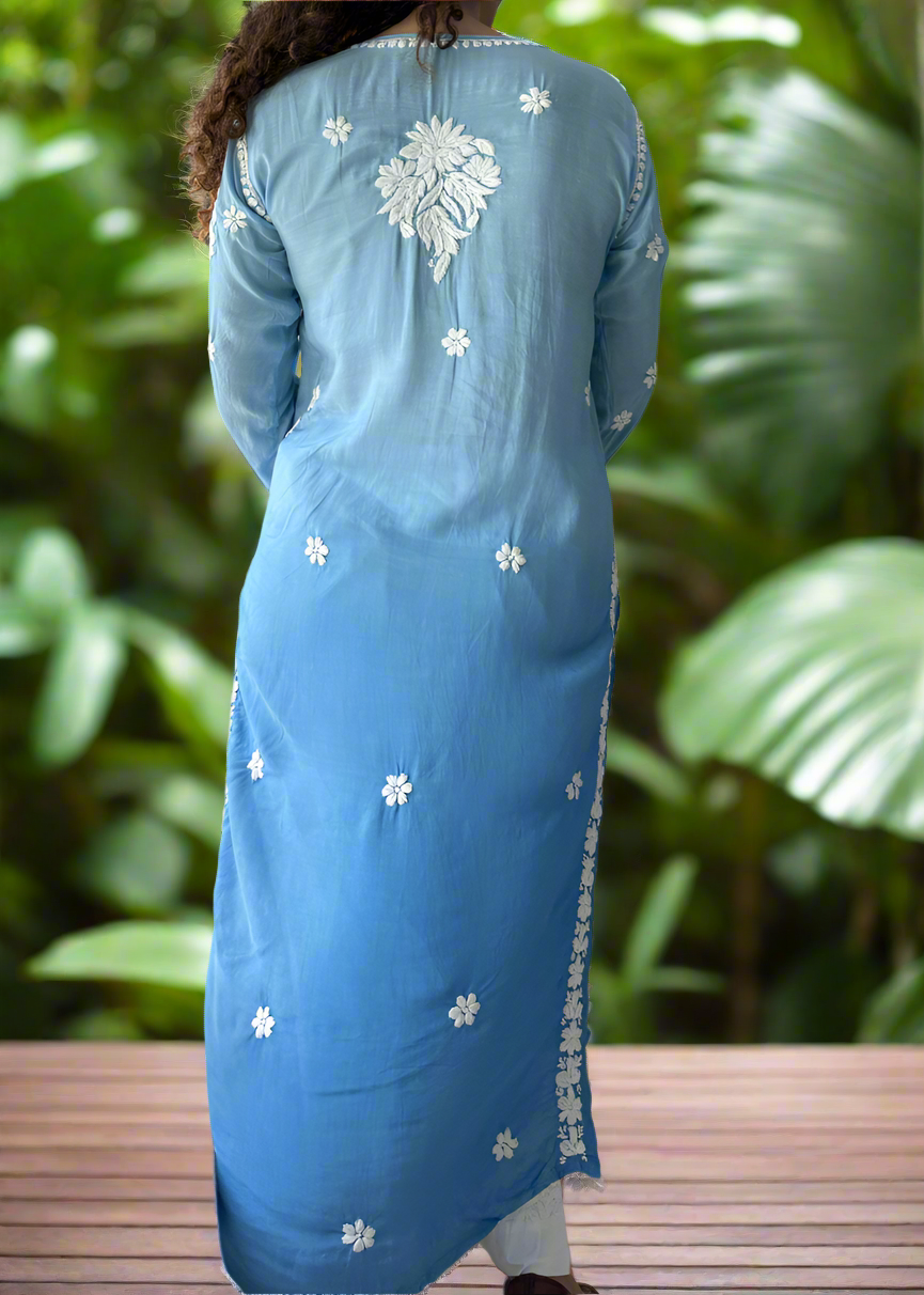 Chikankari Muslin Long Kurta -Blue