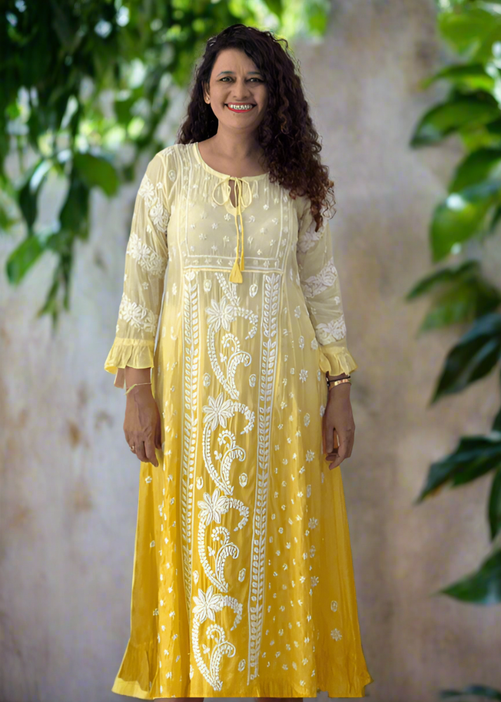 Chikankari Ombre' Muslin Dress - Yellow