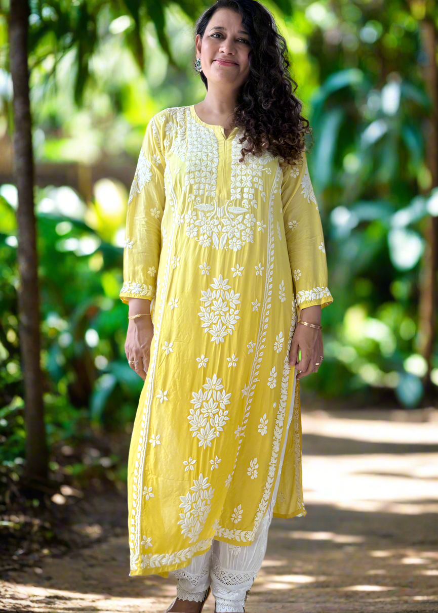 Chikankari Muslin Long Kurta - Yellow