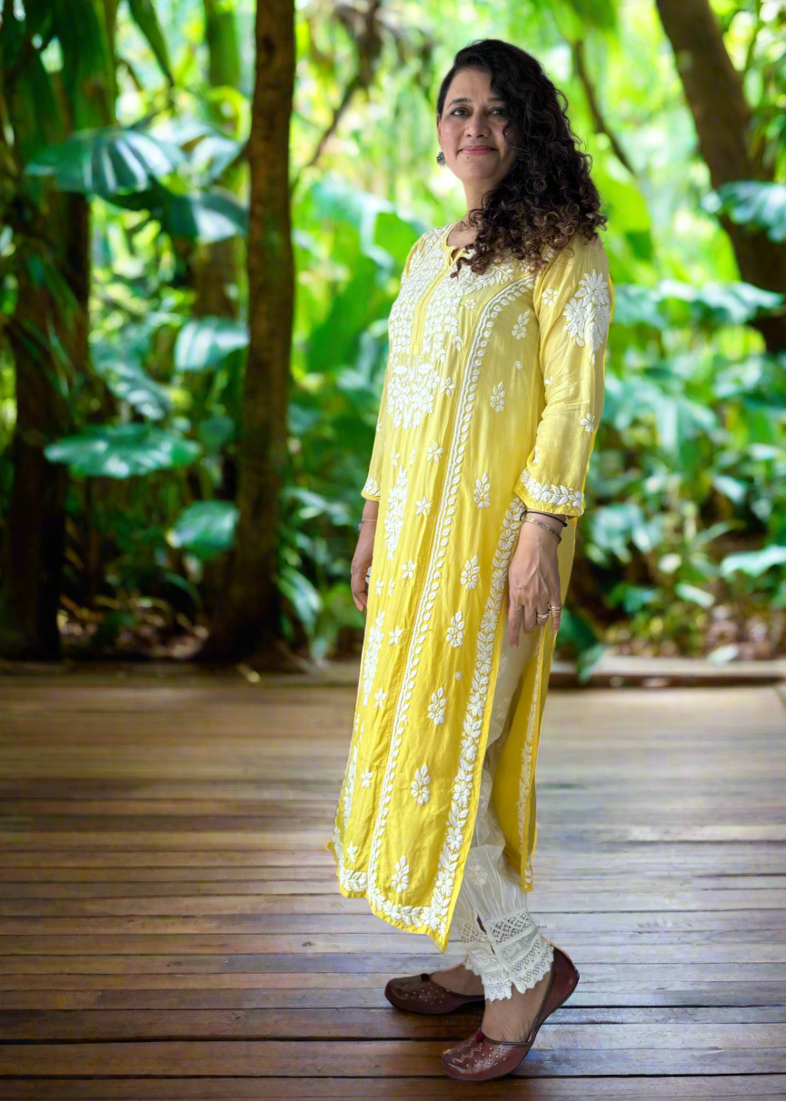 Chikankari Muslin Long Kurta - Yellow