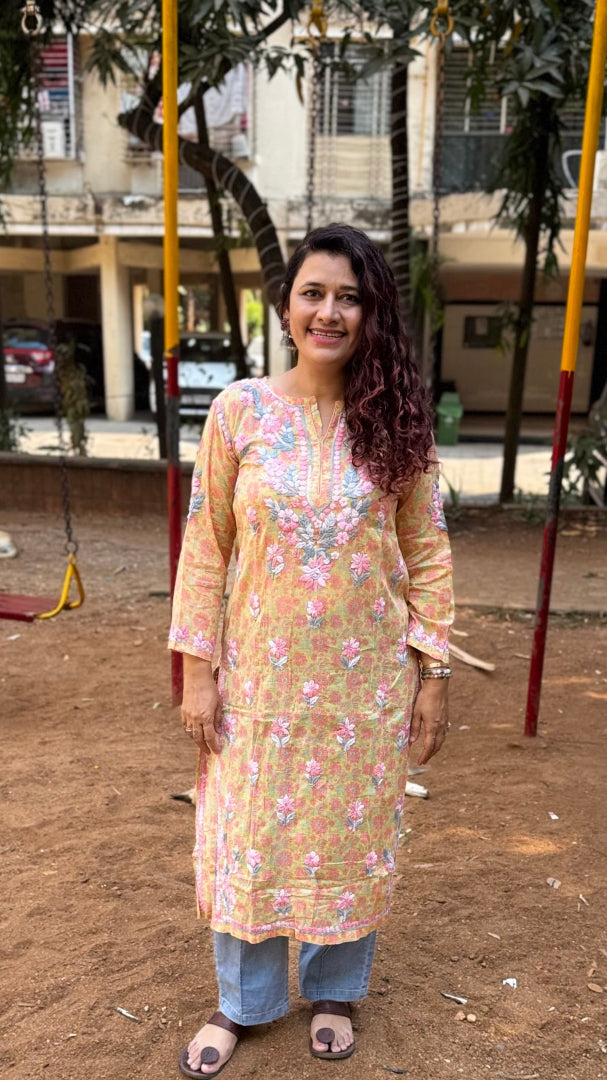 Chikankari Mul Printed Kurta - Yellow
