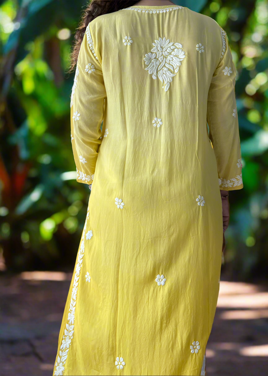 Chikankari Muslin Long Kurta - Yellow