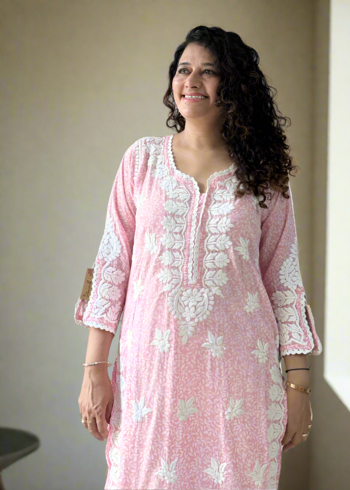 PINK PRINTED CHIKAN KURTA