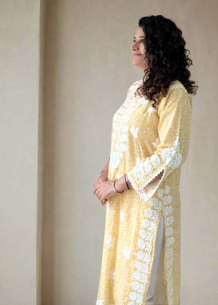 YELLOW PRINTED LUCKNOWI KURTA
