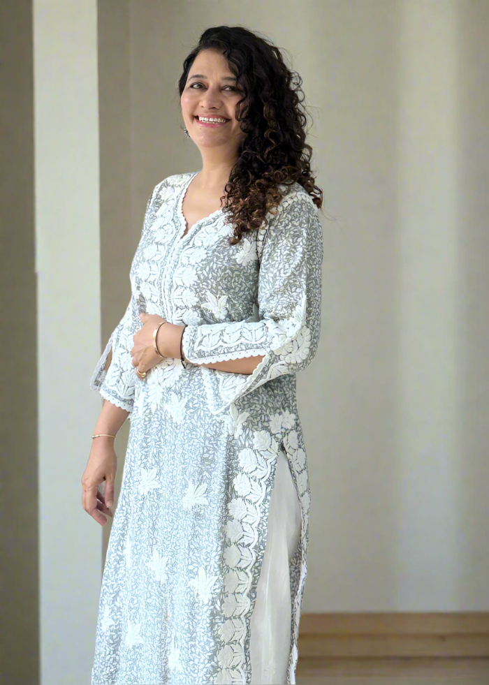 GREY CHIKANKARI COTTON KURTA
