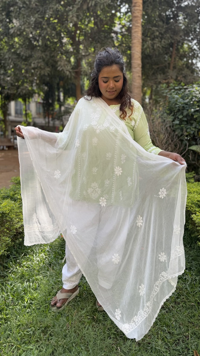 Chikankari Chiffon Duppatta - White