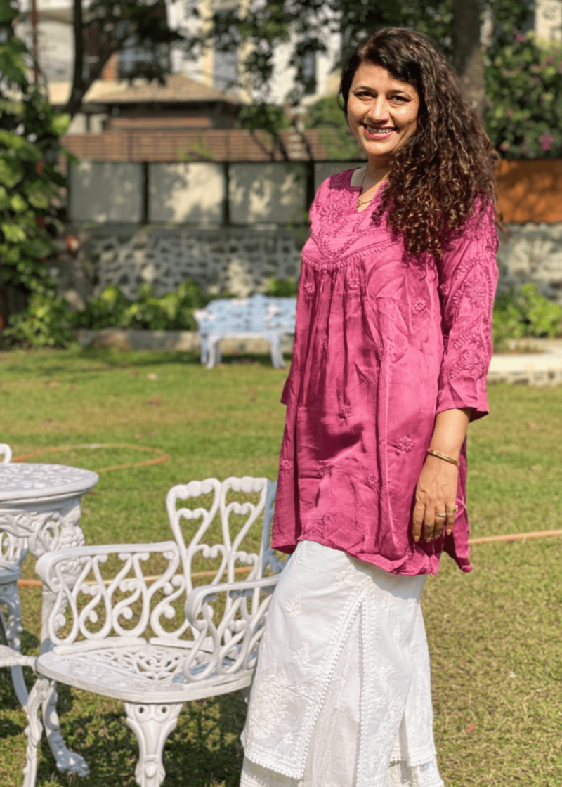 Chikankari Sateen Short Kurta - Magenta