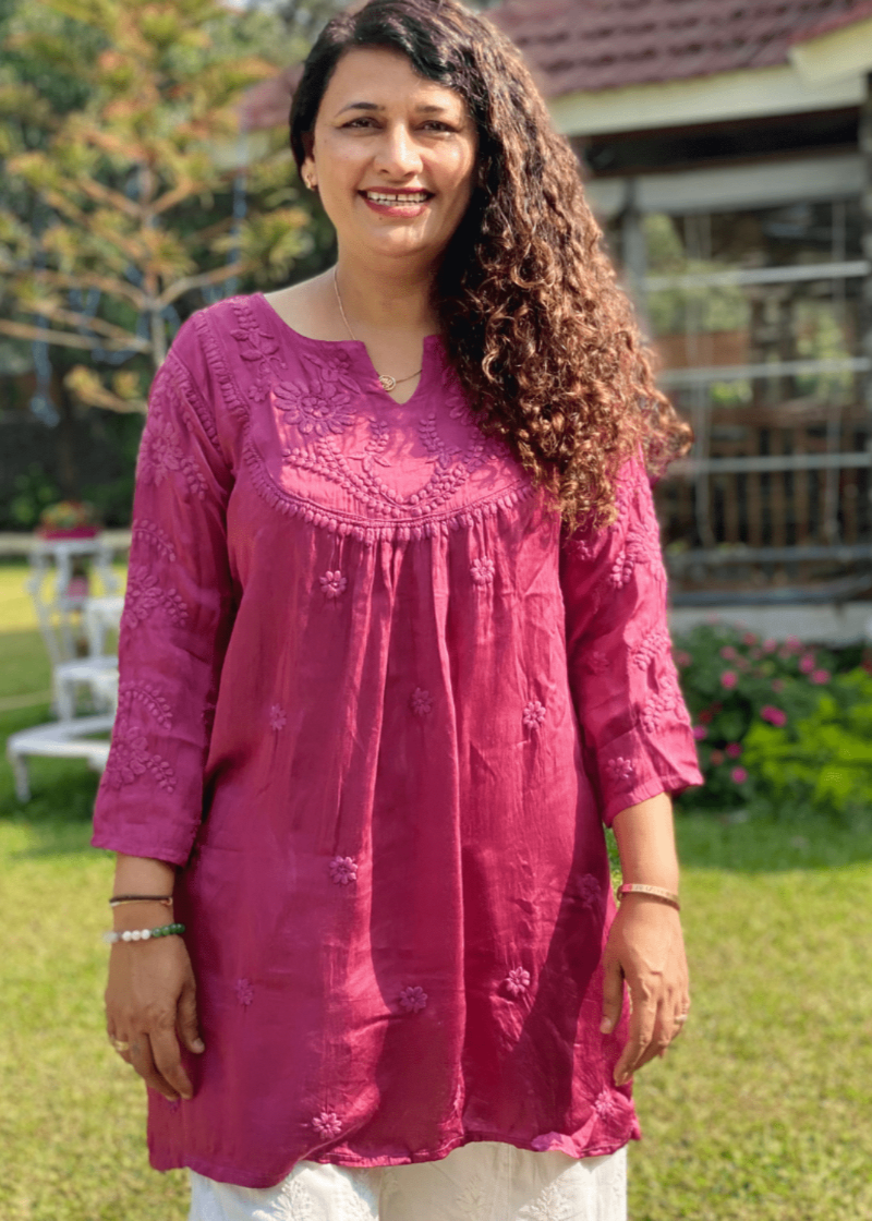 Chikankari Sateen Short Kurta - Magenta