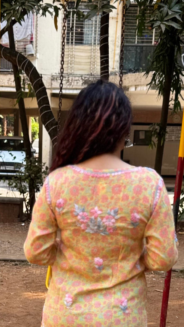 Chikankari Mul Printed Kurta - Yellow