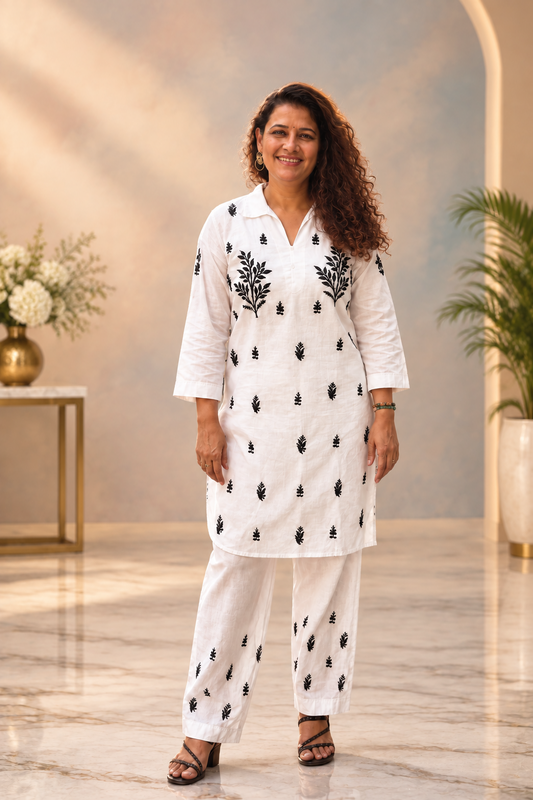 Chikankari Cotton Co-Ord Set-White