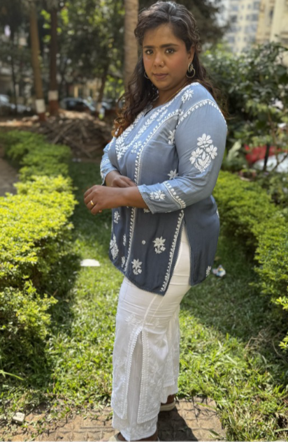 BLUE CHIKANKARI MUSLIN SHORT TOP
