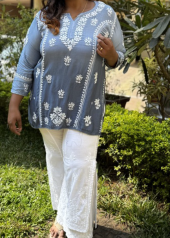 BLUE CHIKANKARI MUSLIN SHORT TOP